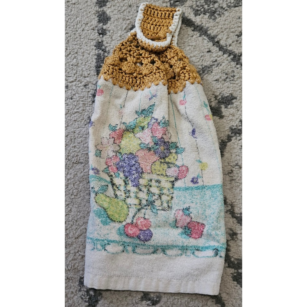 Vintage Handmade Crochet Hanging Kitchen Towel Fruit Basket Graphic Wood Button